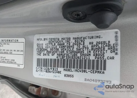 2002 Toyota Camry Le V6 from USA, damaged, VIN 4T1BF32K82U021211